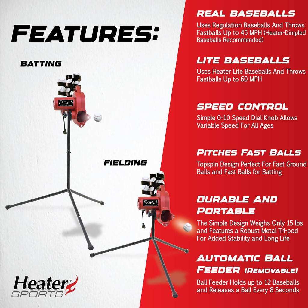 Sports Base Hit Adjustable Real Baseball Pitching Machine – 45 MPH Pitching Speed, Includes Automatic Ball Feeder |
