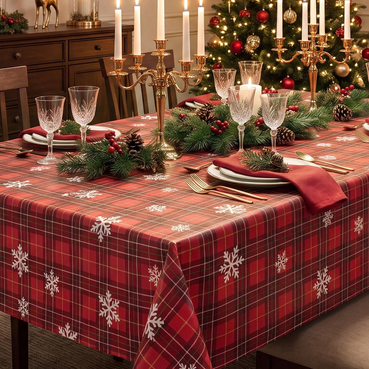 Christmas Plaid Vinyl Tablecloth, Rectangle 54 x 78, Red