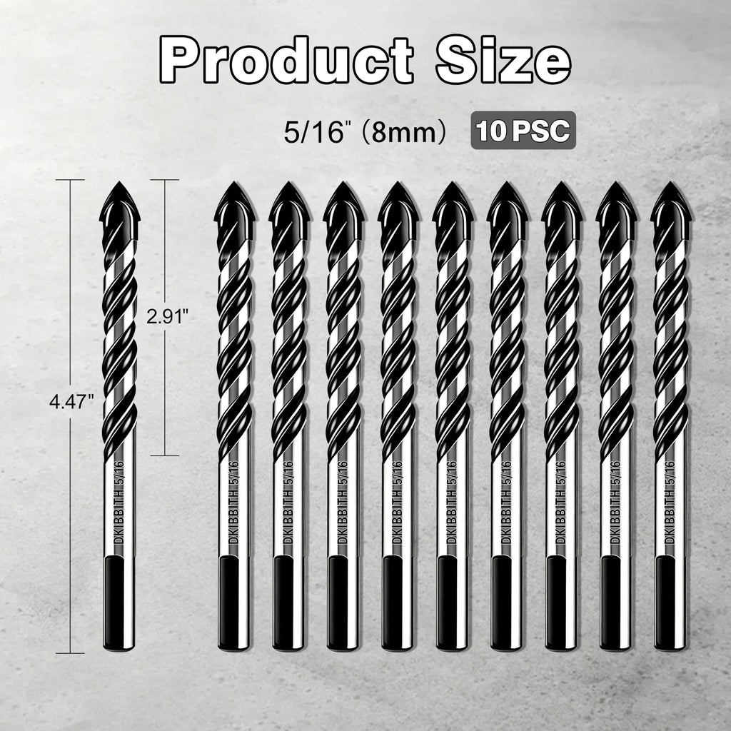 10-Piece 5/16“ Masonry Drill Bits for Tile Glass Ceramic Wall Brick Stone Soft-Metal Wood, 5/16 Inch Concrete Drill Bits Cement Drill Bit Set, 3-Flat Shank, YG8 Carbide Tungsten Steel Alloy Tip 8mm