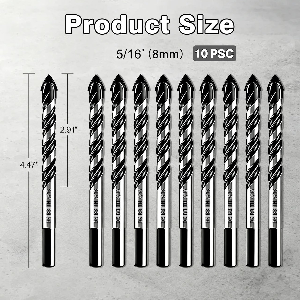 10-Piece 5/16“ Masonry Drill Bits for Tile Glass Ceramic Wall Brick Stone Soft-Metal Wood, 5/16 Inch Concrete Drill Bits Cement Drill Bit Set, 3-Flat Shank, YG8 Carbide Tungsten Steel Alloy Tip 8mm