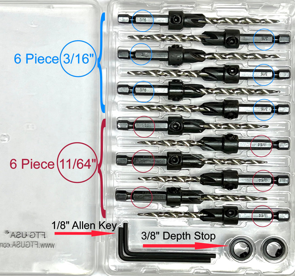 FTG USA Countersink Drill Bit Set 6 Pc #8, 6 Pc #10, Tapered Drill Bits
