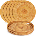 7 Pcs Rattan Placemats Set, 6 Pcs 13" Natural Hand Woven Rattan Placemats with 1 Pc 13.8” Wicker Round Serving Tray