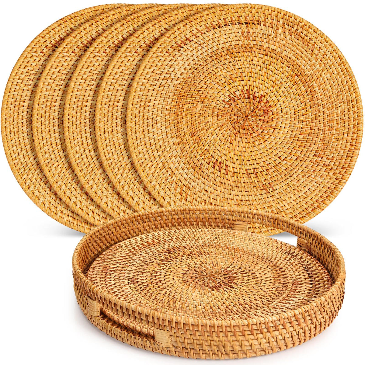 7 Pcs Rattan Placemats Set, 6 Pcs 13" Natural Hand Woven Rattan Placemats with 1 Pc 13.8” Wicker Round Serving Tray