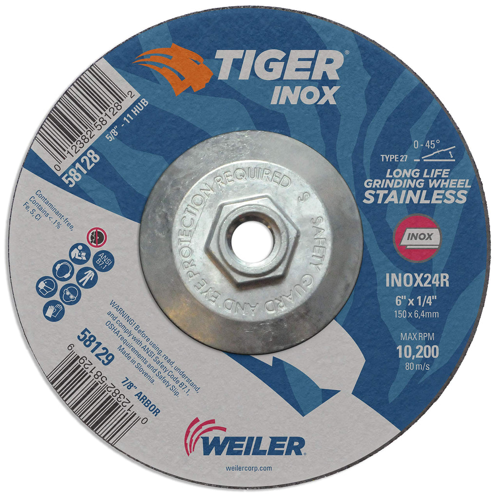 Weiler 58128 6" x 1/4" Tiger INOX Type 27 Grinding Wheel, INOX24R, 5/8"-11 Nut (Pack of 10)