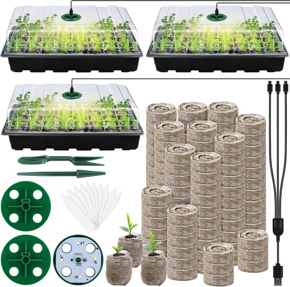 3 Pack Seed Starter Tray Kit with Grow Light Germination Trays with Humidity Dome, 120 Peat Pellets, Gardening Tools