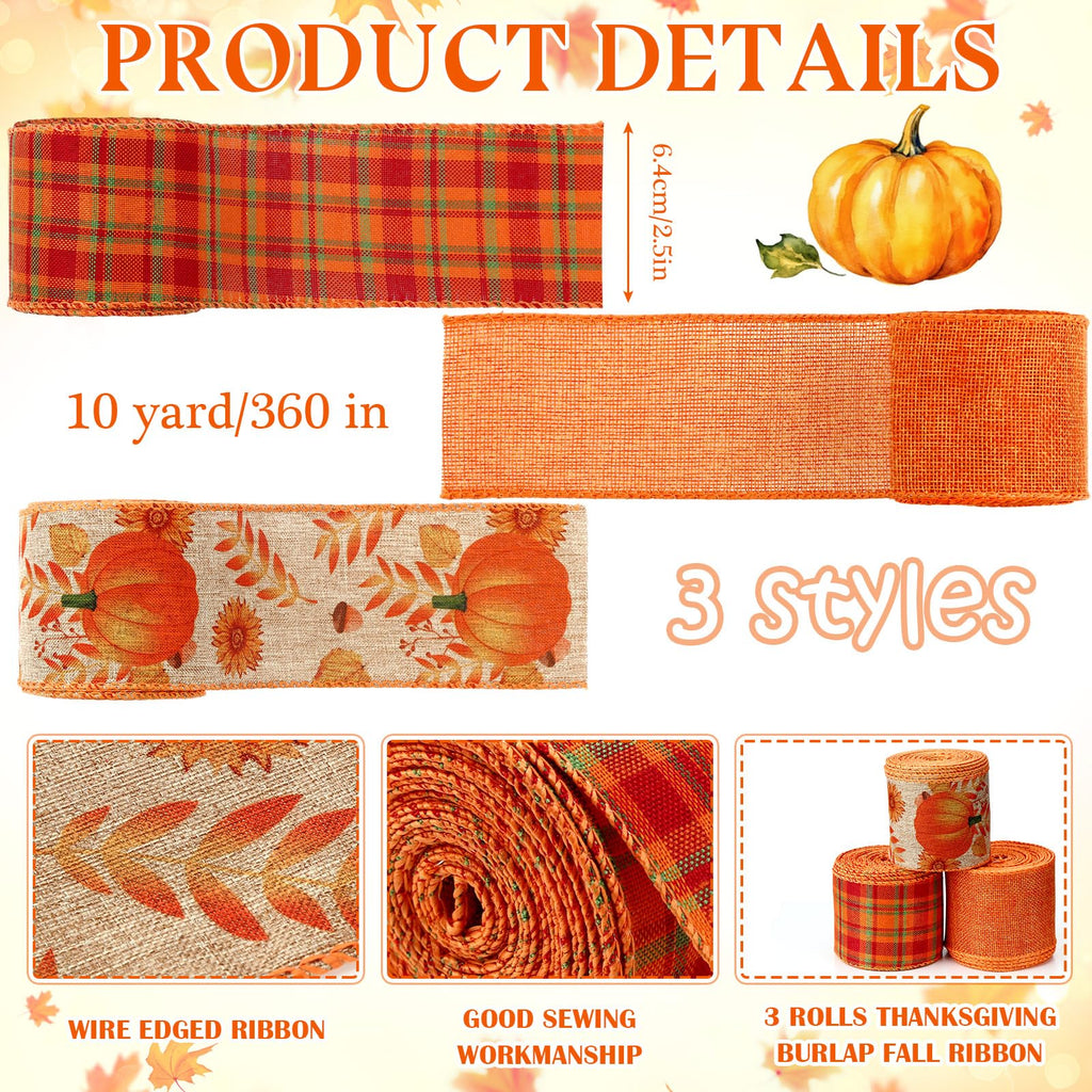 3 Rolls Fall Wired Ribbon for Wreaths Bow Craft 2.5 in X 30 Yards