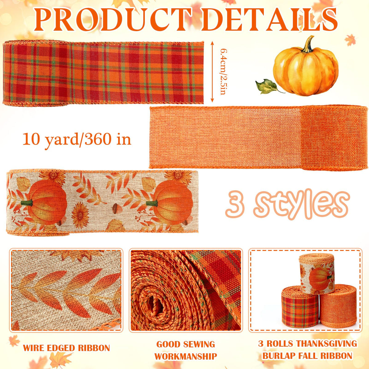 3 Rolls Fall Wired Ribbon for Wreaths Bow Craft 2.5 in X 30 Yards