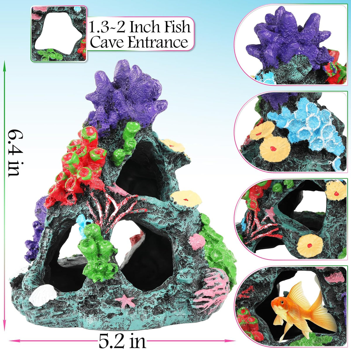 Fish Tank Plants, 7 Pieces Colorful Aquarium Plants and Coral Reef Set for Fish Tank Decoration, Mountain Cave