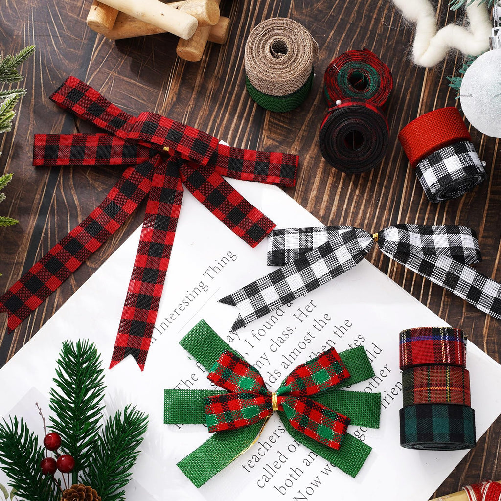 10 Rolls 50 Yards Christmas Burlap Ribbon Rolls 1 Inch Wired Plaid Wrapping Ribbons Xmas Decorative Ribbon for Wreath