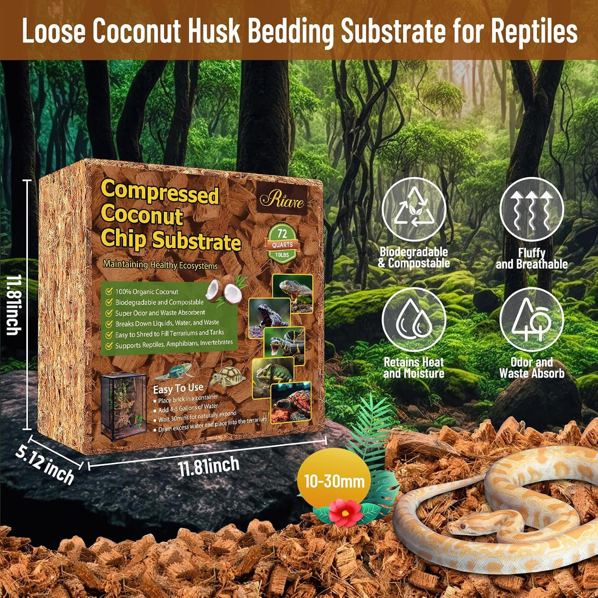 10LB Coconut Husk Chip for Reptiles, 72 Quart Coconut Fiber Substrate