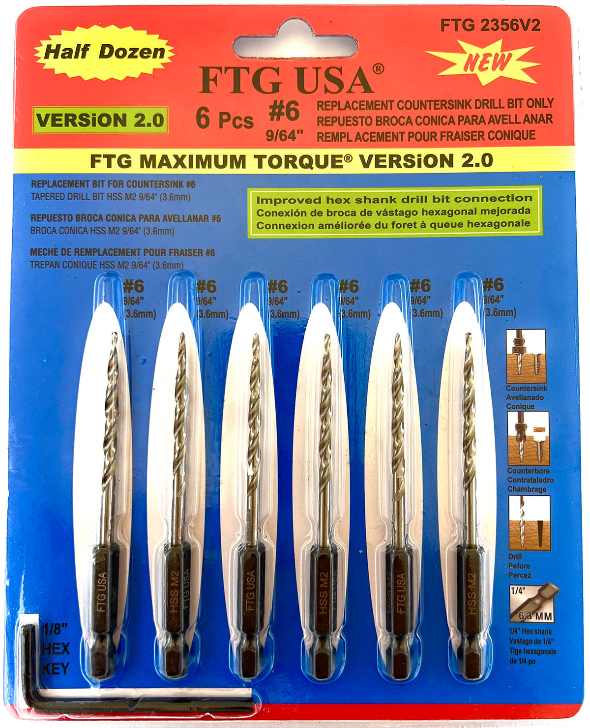 FTG USA 6Pc #6 (9/64") Replacement Countersink Drill Bit Set Tapered Bits