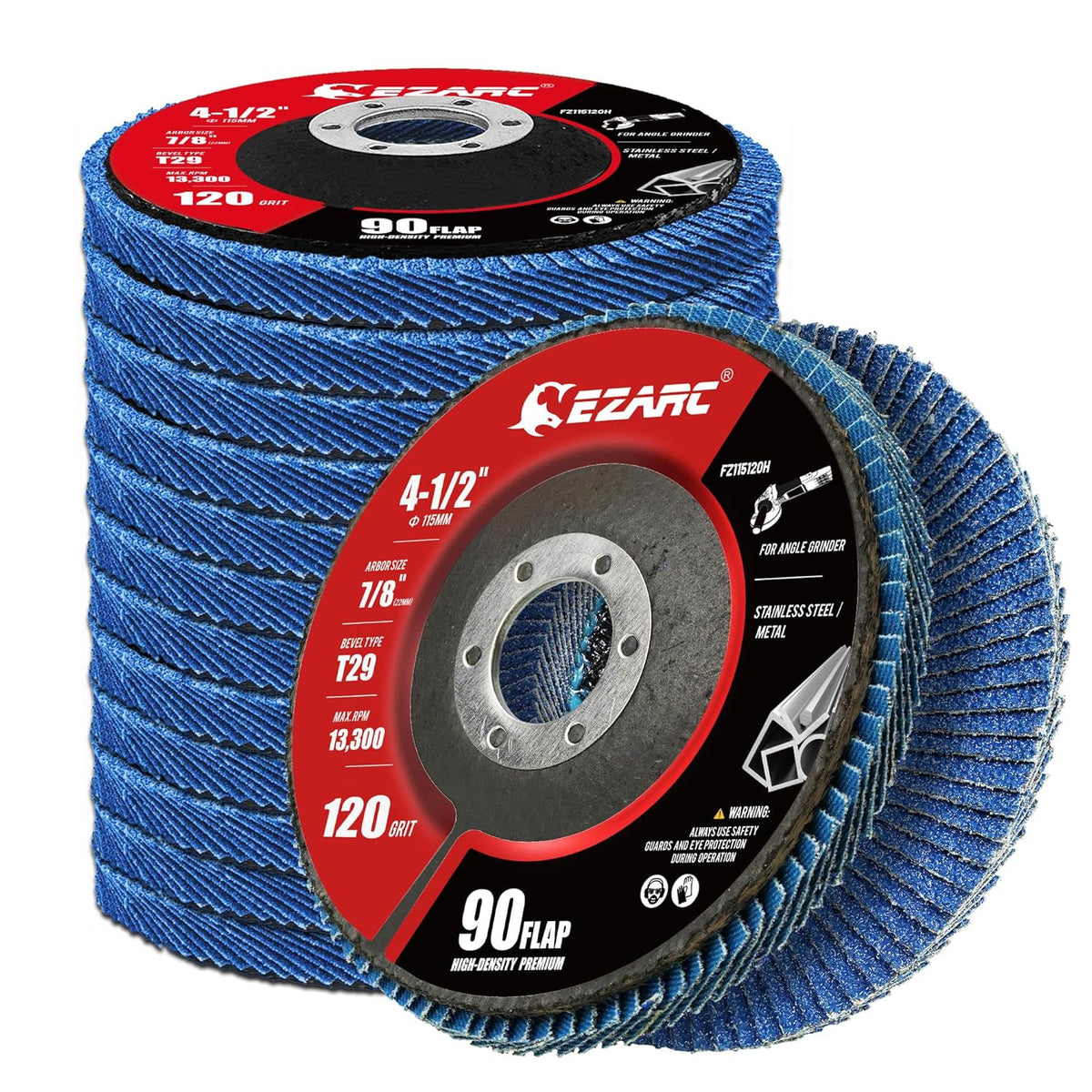 EZARC Zirconia Flap Discs 120 Grit High Density, 4.5x7/8", Type 29, 12-Pack