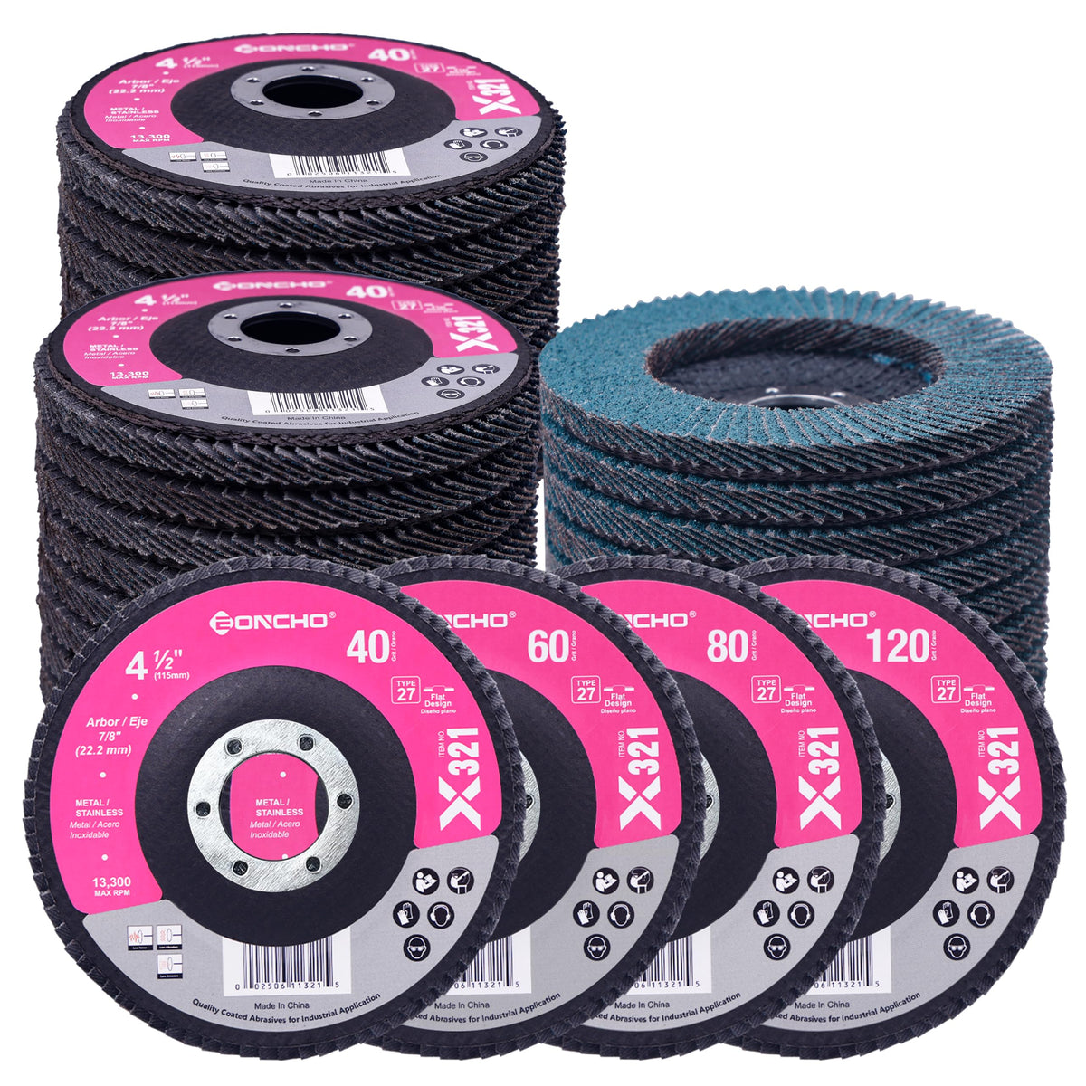 Flap Discs 4 1/2 for Angle Grinder, T27 High Density Grinding, 40/60/80/120 Grit Premium Zirconia Abrasive Grinding Wheel, Grinding and Polishing for Metal, Wood, Stainless Steel(40Pack)