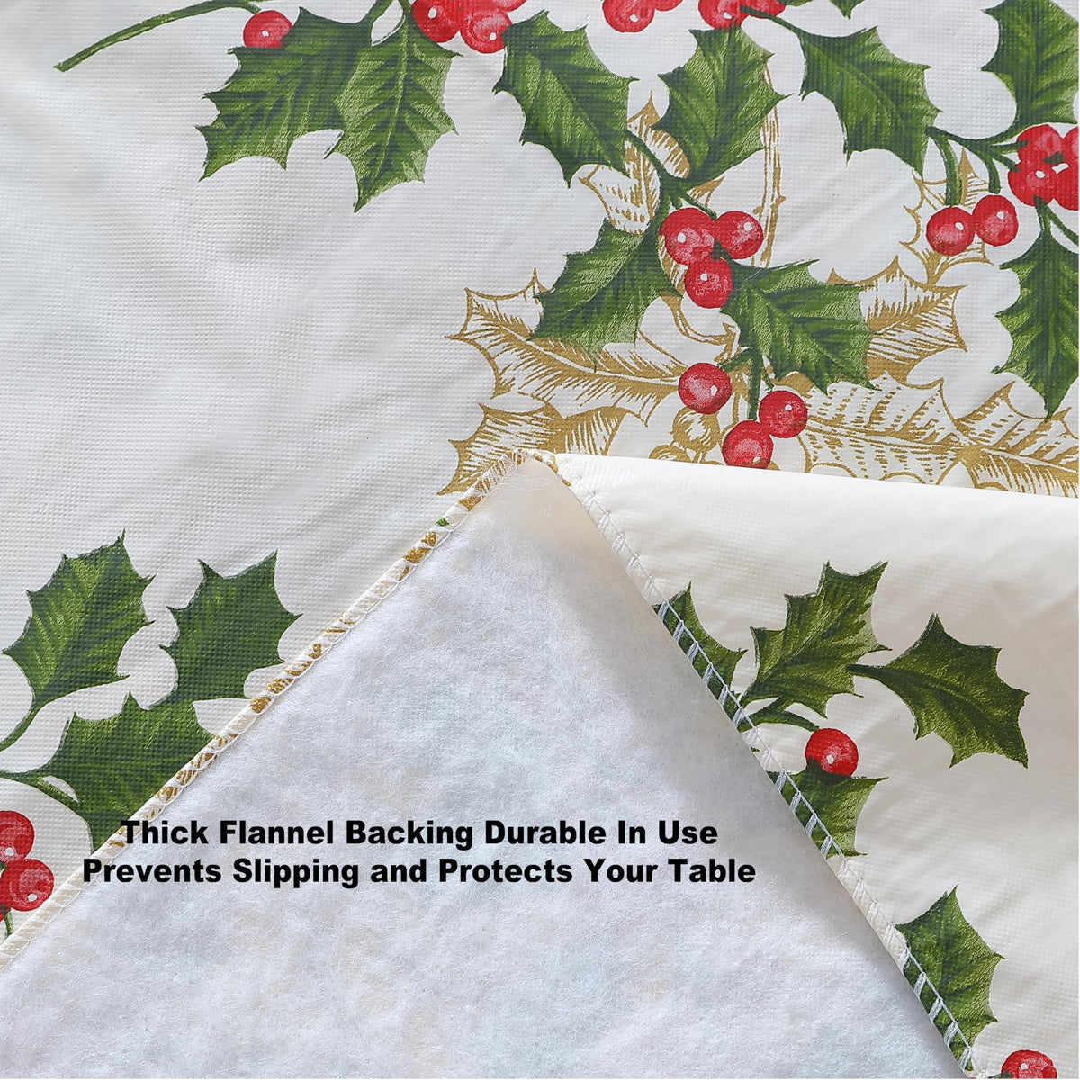 Christmas Ivory Golden Holly 60x84” Rectangle Vinyl Tablecloth