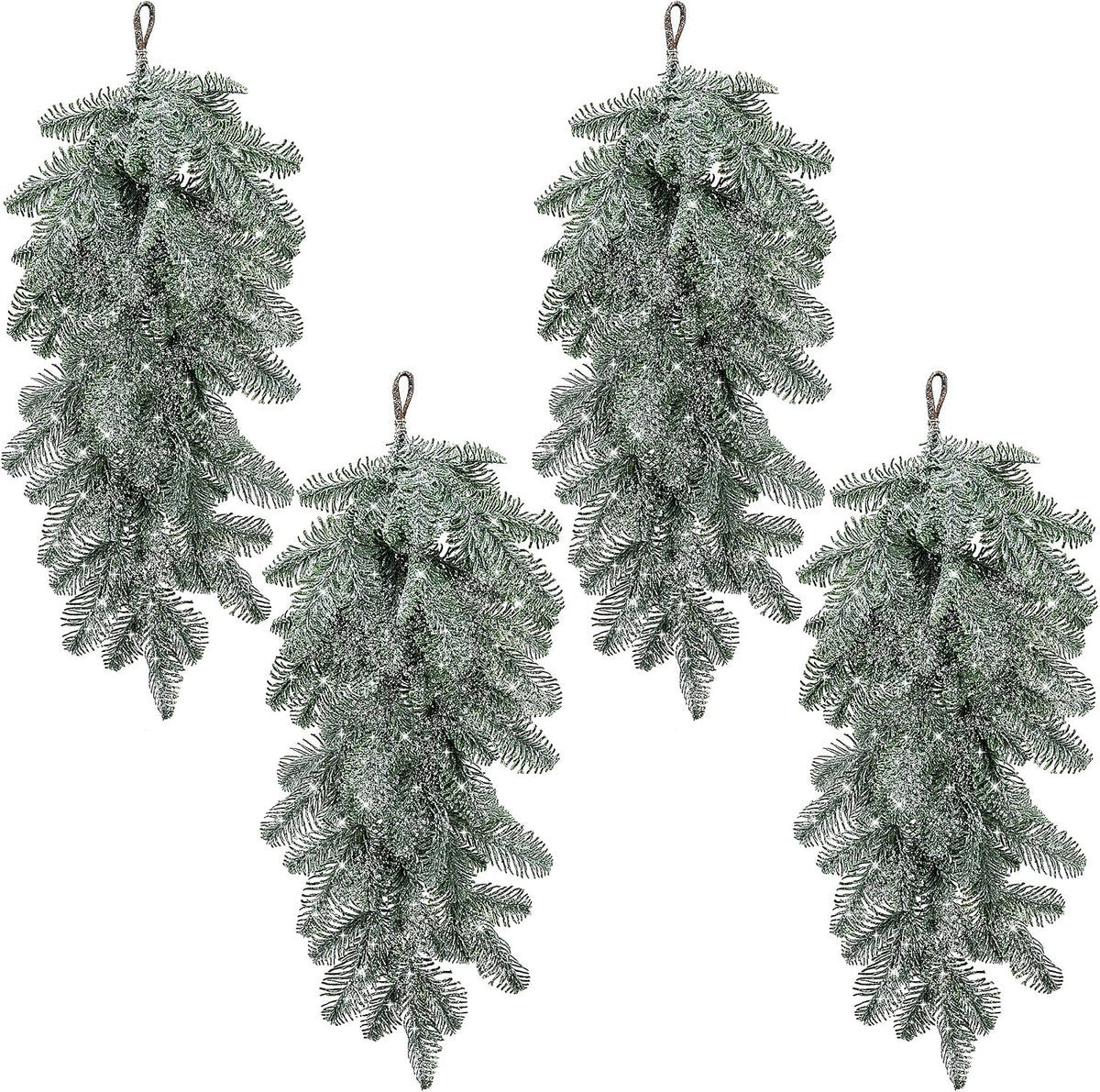 4 Pcs Artificial Christmas Snow Teardrop Swag, 23" Faux Snow Flocked Norfolk Pine Teardrop Door Swag, White Frosted