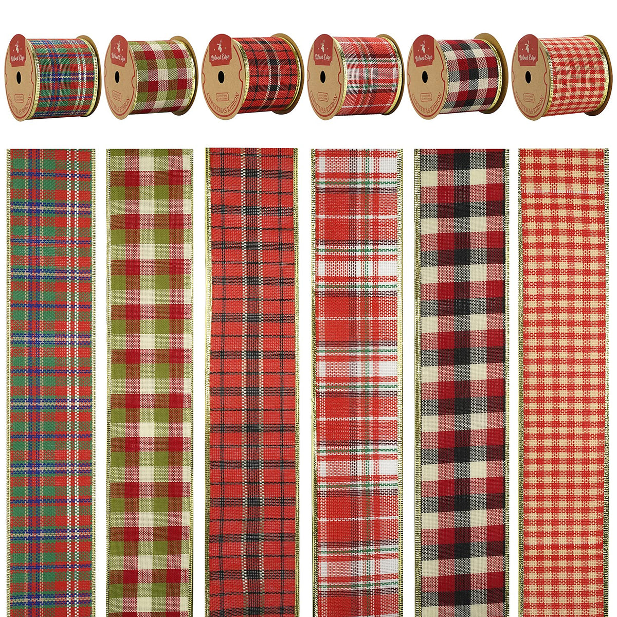 Buffalo Plaid Wired Christmas Ribbon 2.5 Inch, 6 Rolls 36 Yards, Plaid Ribbon for Trees, Wreath Bows, Garlands