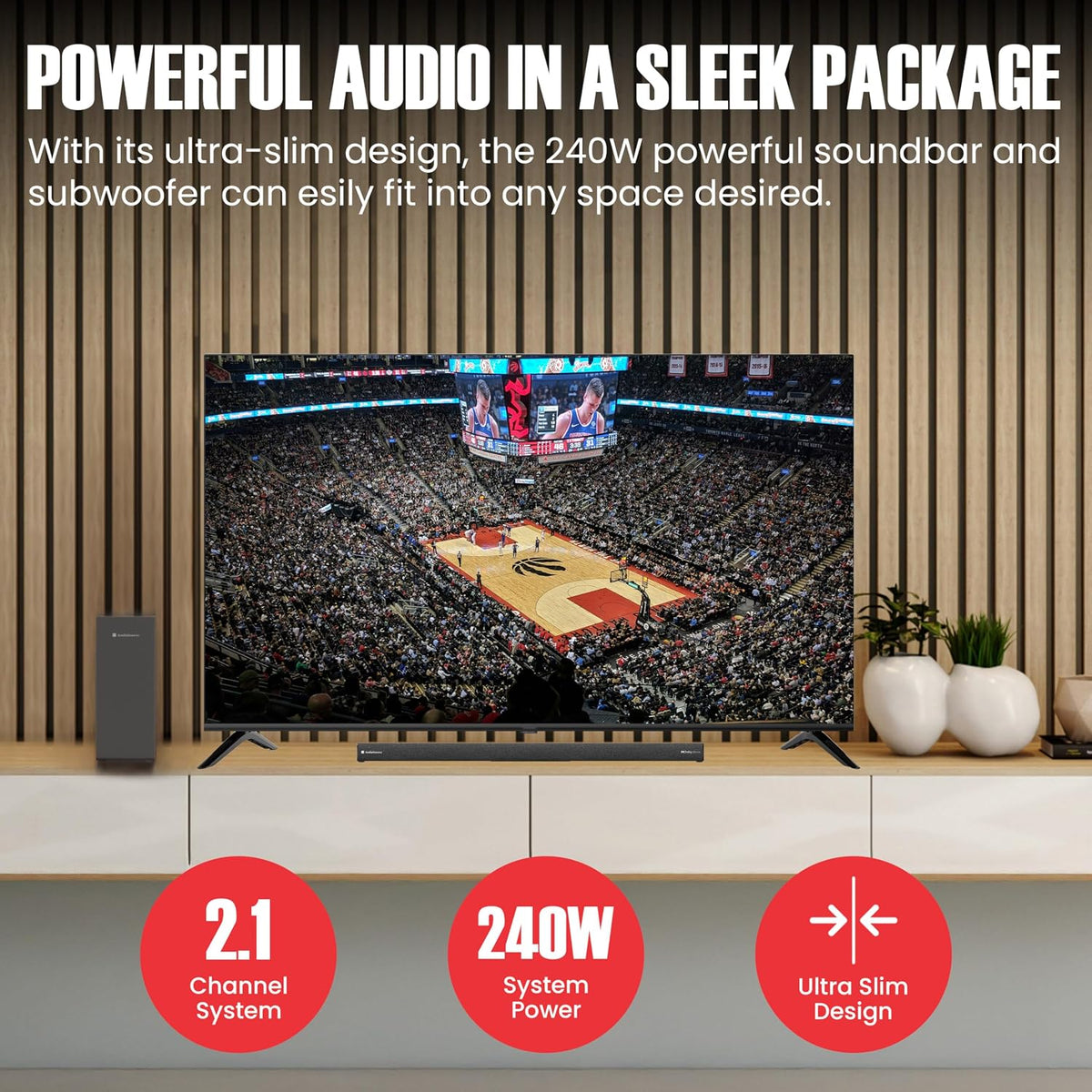 2.1 Soundbar, Wireless Subwoofer w/Dolby Atmos, 120W RMS & 240W Max Output, Compact Design, Bluetooth Streaming for