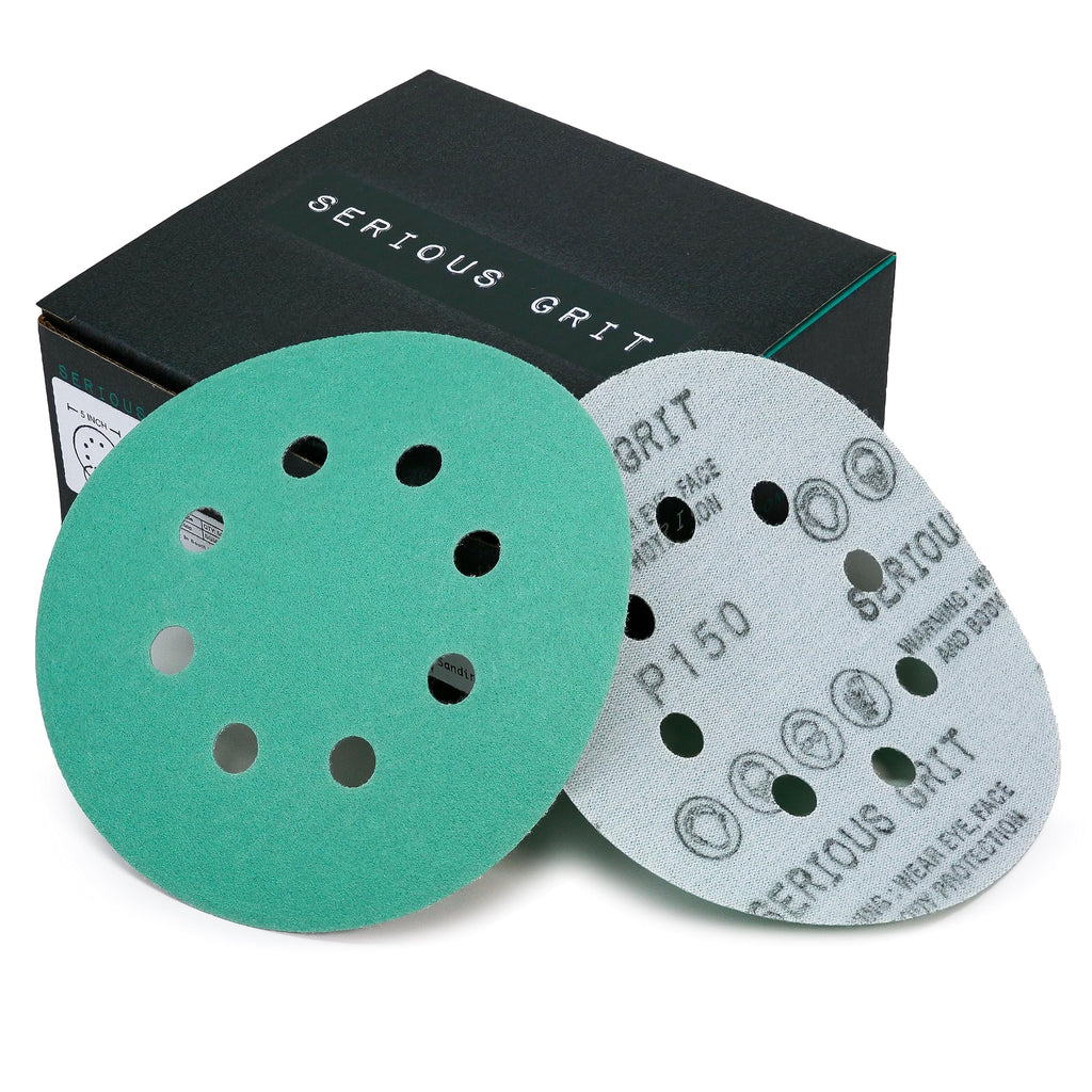 Serious Grit - 5-Inch 8-Hole P150 Grit Sanding Discs - 50 Pack Box