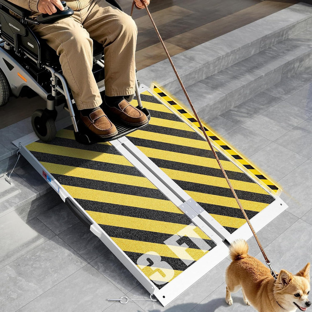 Portable Wheelchair Ramp 3 FT, Aluminum Folding Ramps for Wheelchairs for Home Steps with Handle & Non-Skid Surface