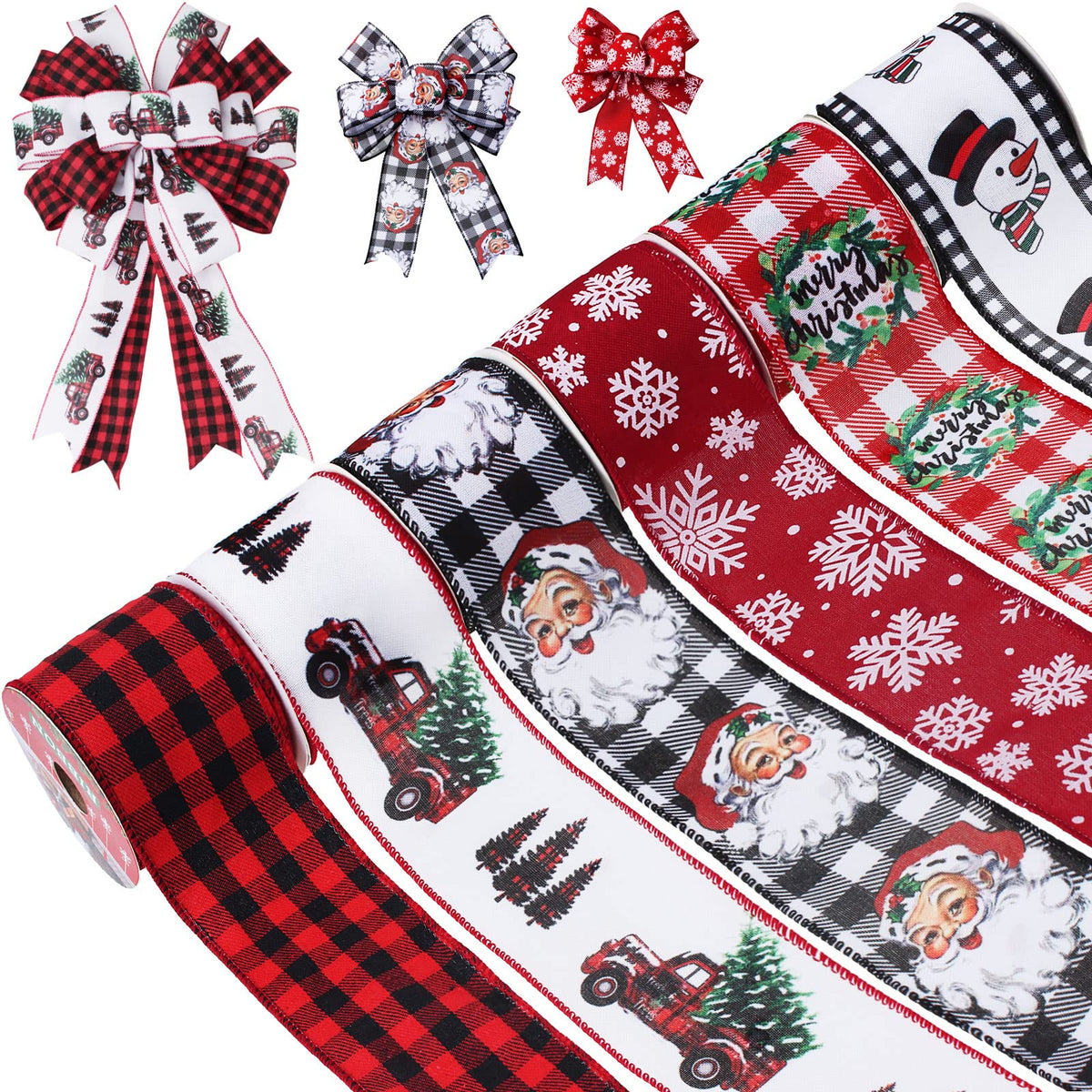 Christmas Ribbon Wired 2.5 Inch,6 Roll 30 Yards Christmas Wired Ribbon,Incl. Santa/Snowman/Snowflake/Buffalo Plaid
