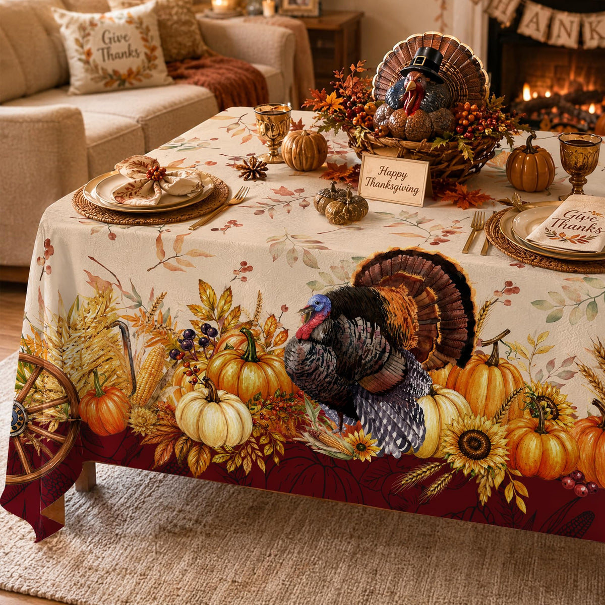 Thanksgiving Tablecloth 60x84 Inch, Vintage Turkey Pumpkin Sunflower Rectangular Table Cover, Fall Harvest Border