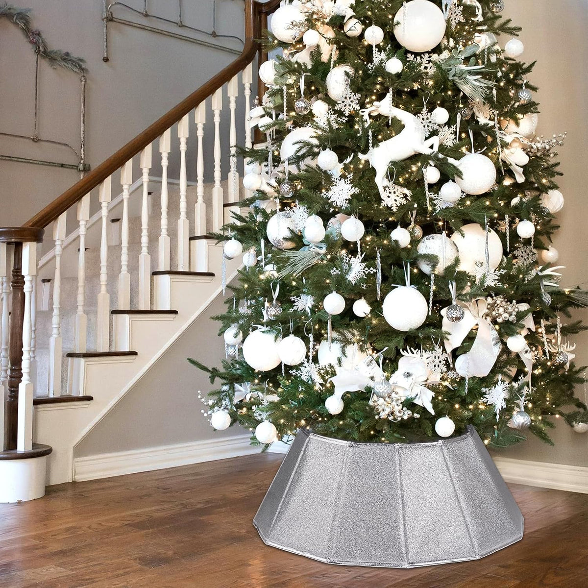 Fabric Christmas Tree Collar - Glittering Ring and Willow Skirt for Tree Decorations (Glitter Silver)