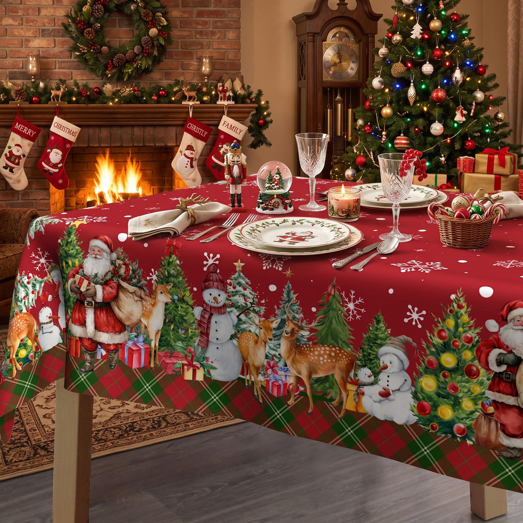 Christmas Tablecloth 60x84 Inch, Santa Claus & Snowman Water Resistant Rectangular Table Cover, Farmhouse Winter