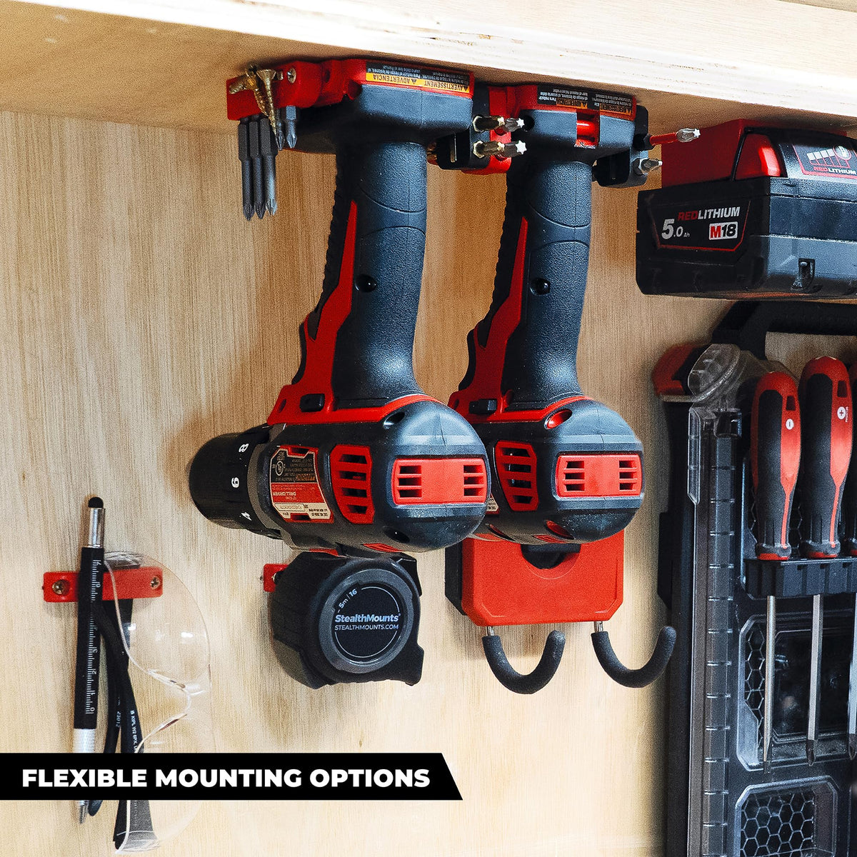StealthMounts Tool Holder Compatible with Milwaukee M18 (4 Pack) - Red | StealthMounts Locking Tool Mounts | Made in The UK