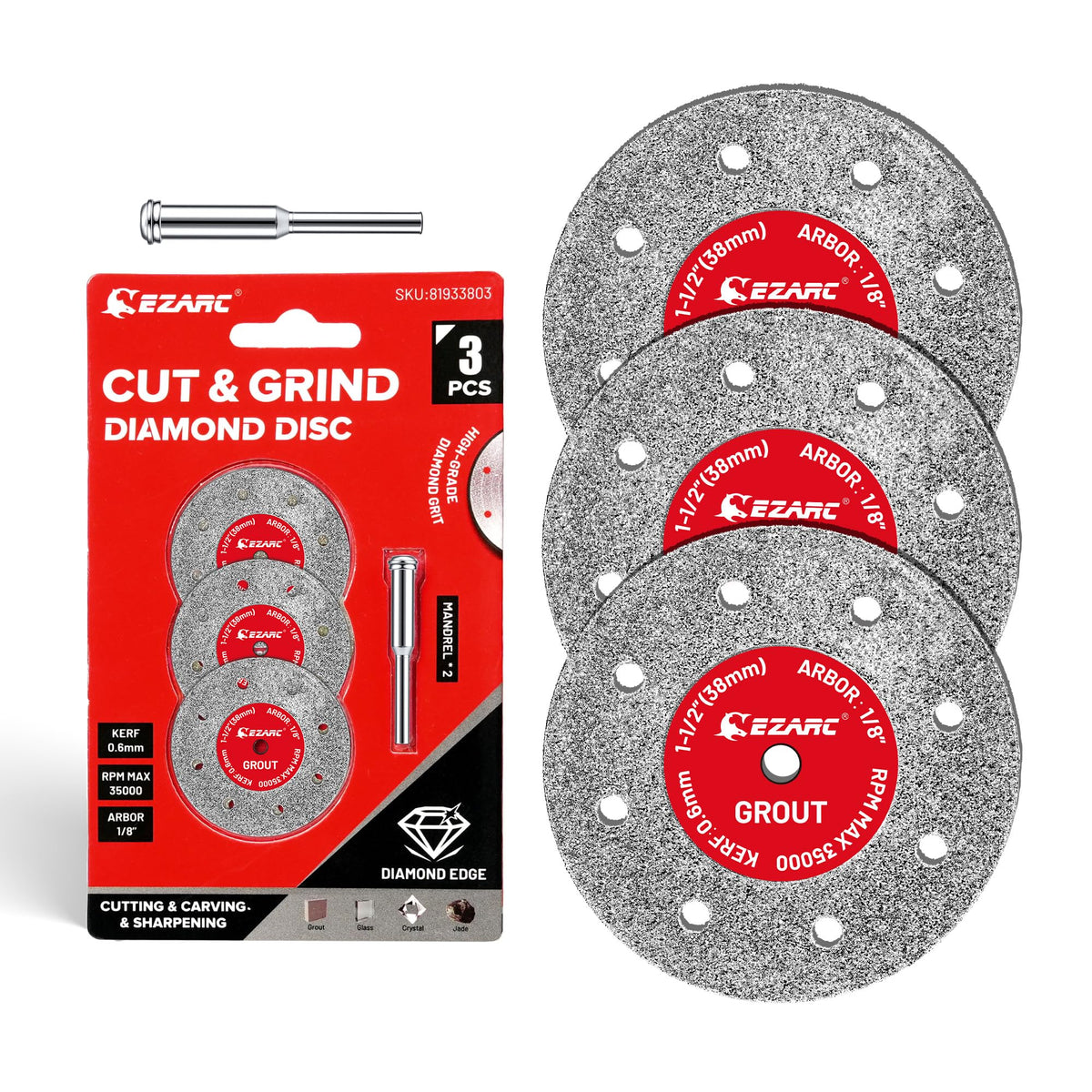EZARC 1-1/2 Diamond Tile Cutting Wheels with Mandrel, 0.6mm Kerf, 3-Pack