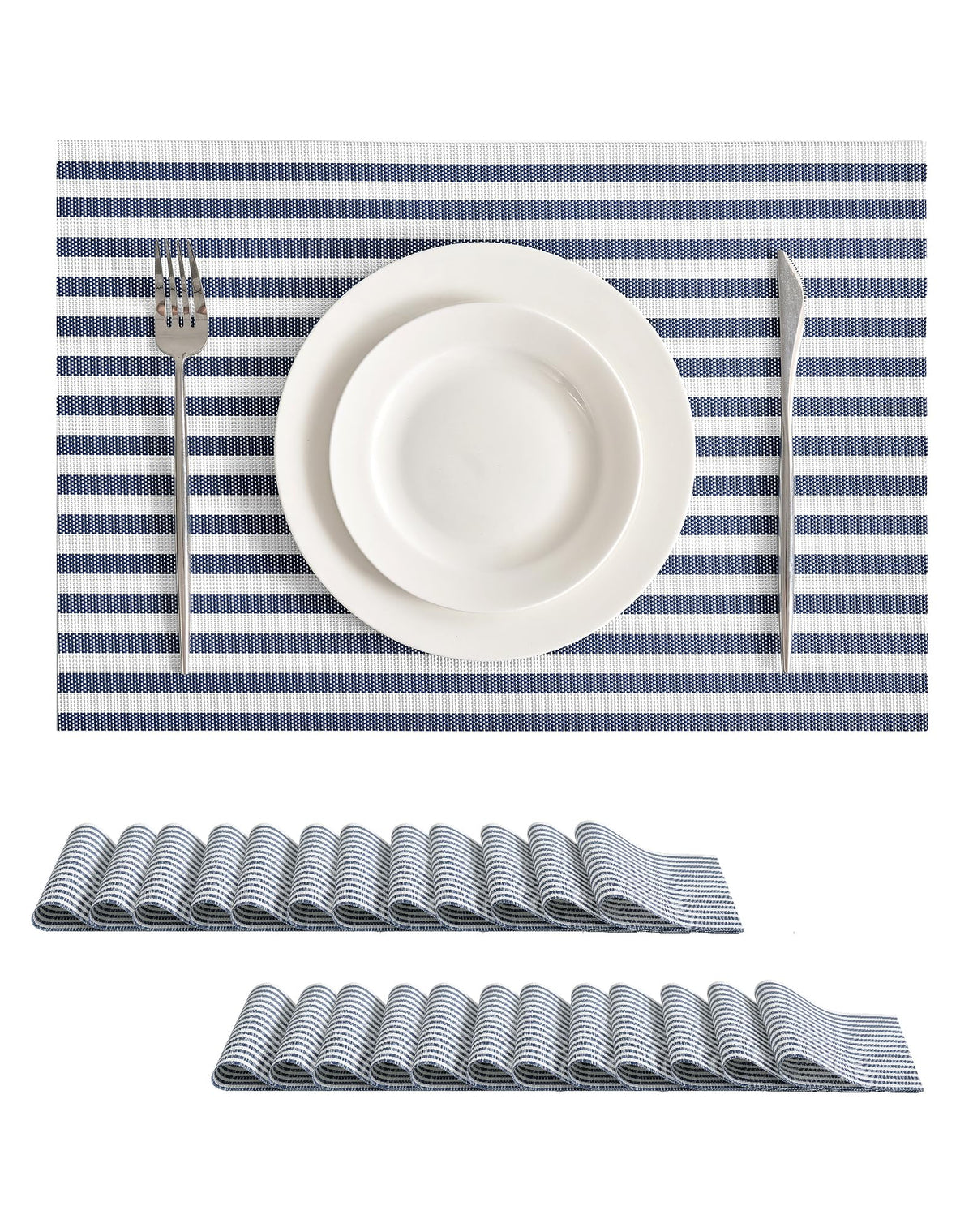 Blue White Striped Woven Vinyl Placemats Set of 24
