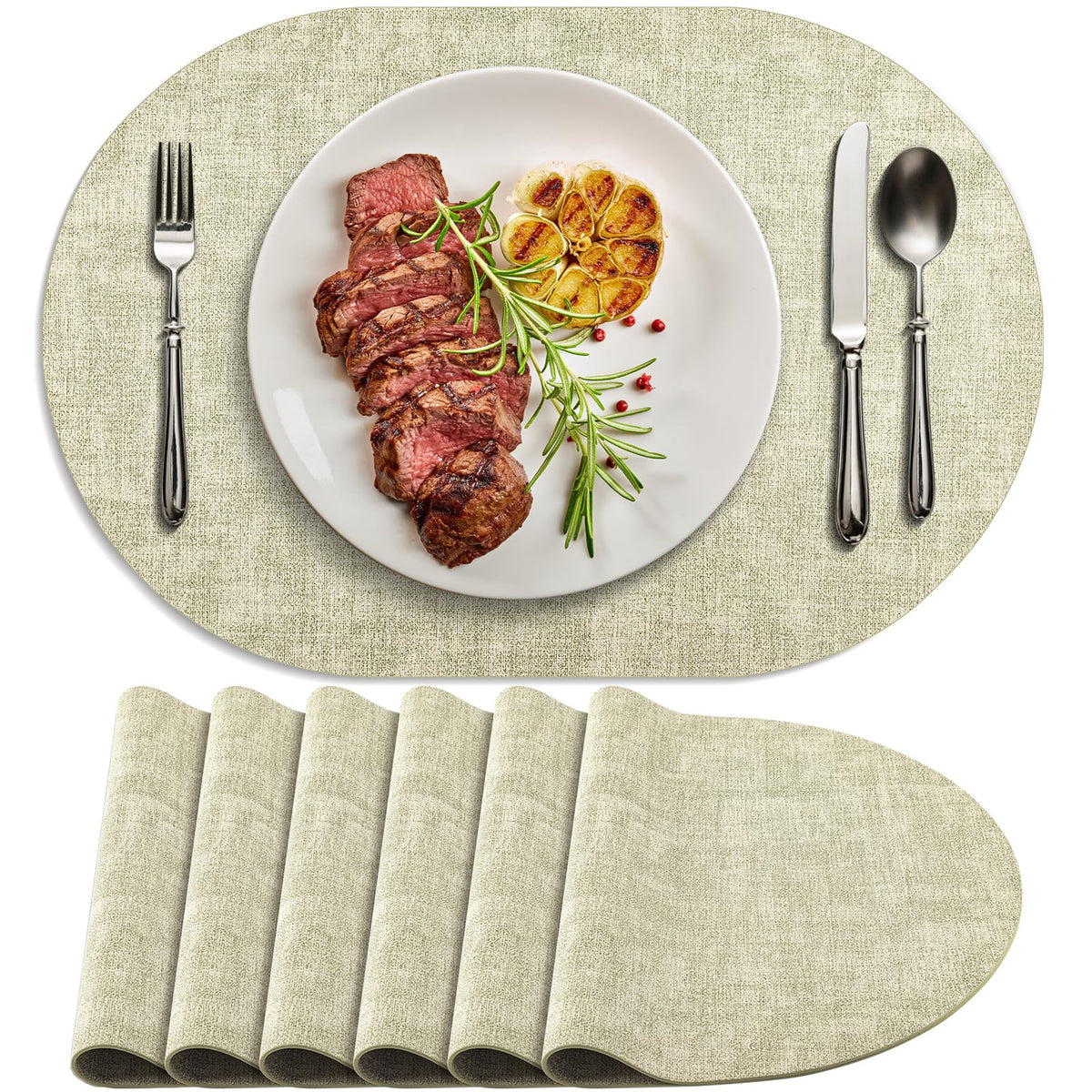 Faux Leather Oval Placemats Set of 6, Sage Green