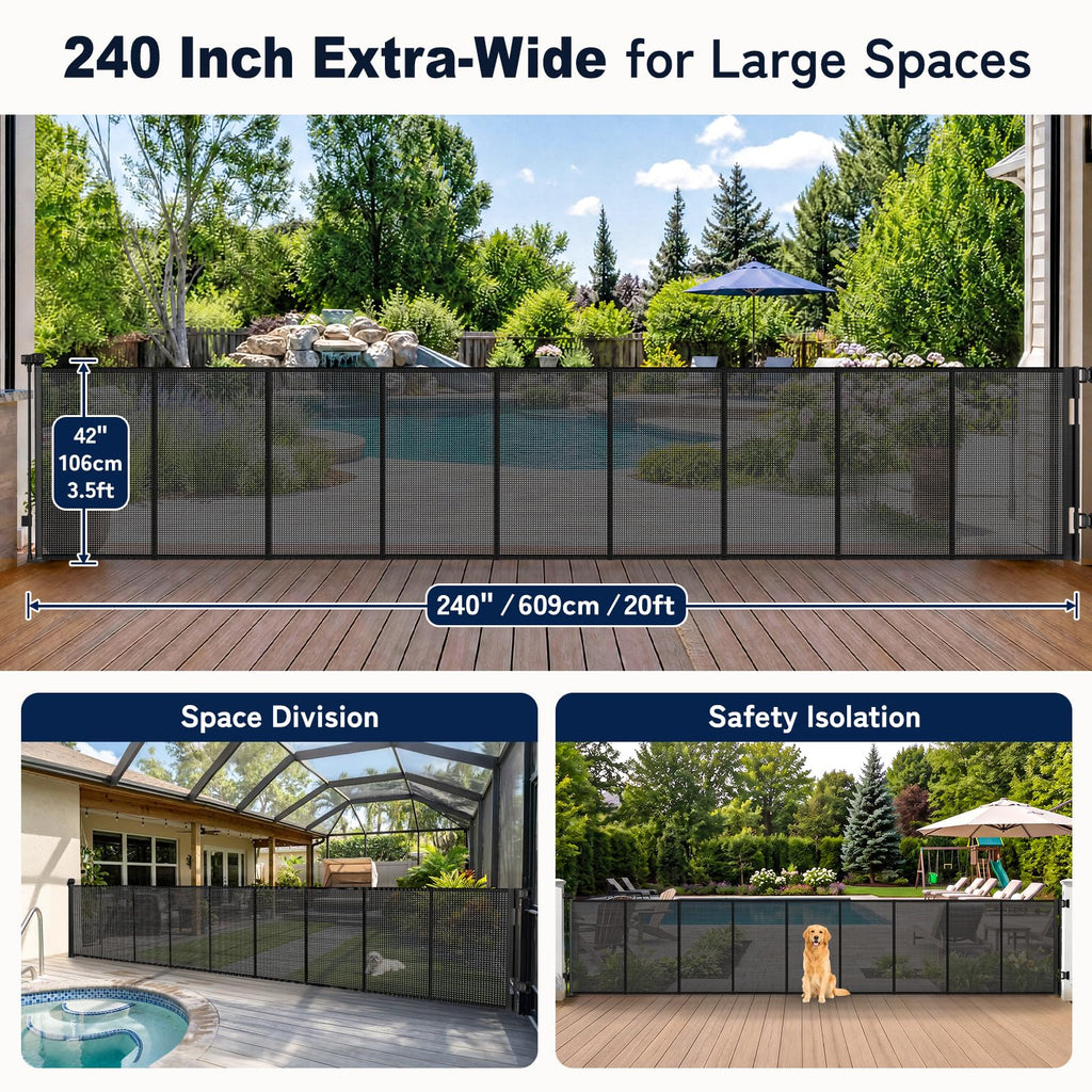 240" Extra-Wide Retractable Indoor/Outdoor Mesh Pet & Child Safety Gate with One-Hand Safety Lock for Wide Openings, Patios & Stairways