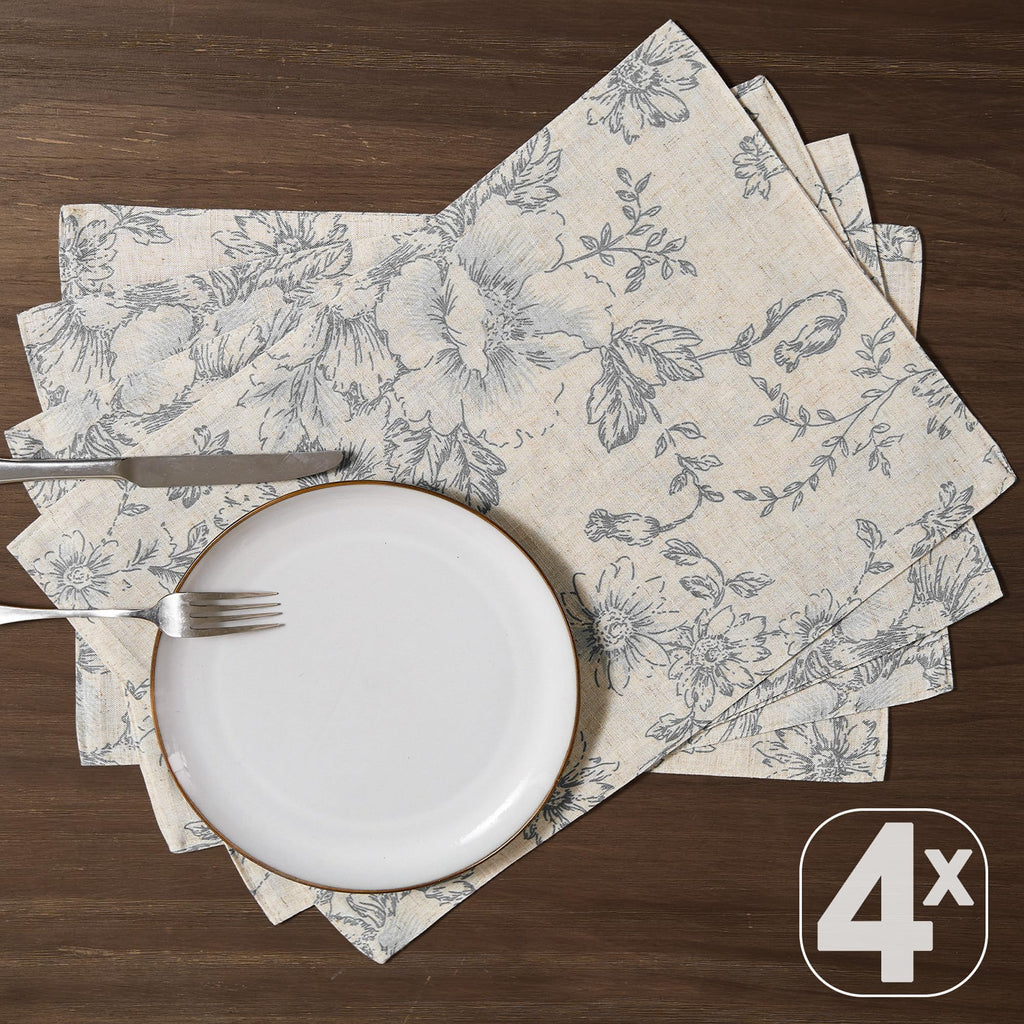Alice Linen Floral Placemats Set of 4 Farmhouse 13x19 Inch Grey