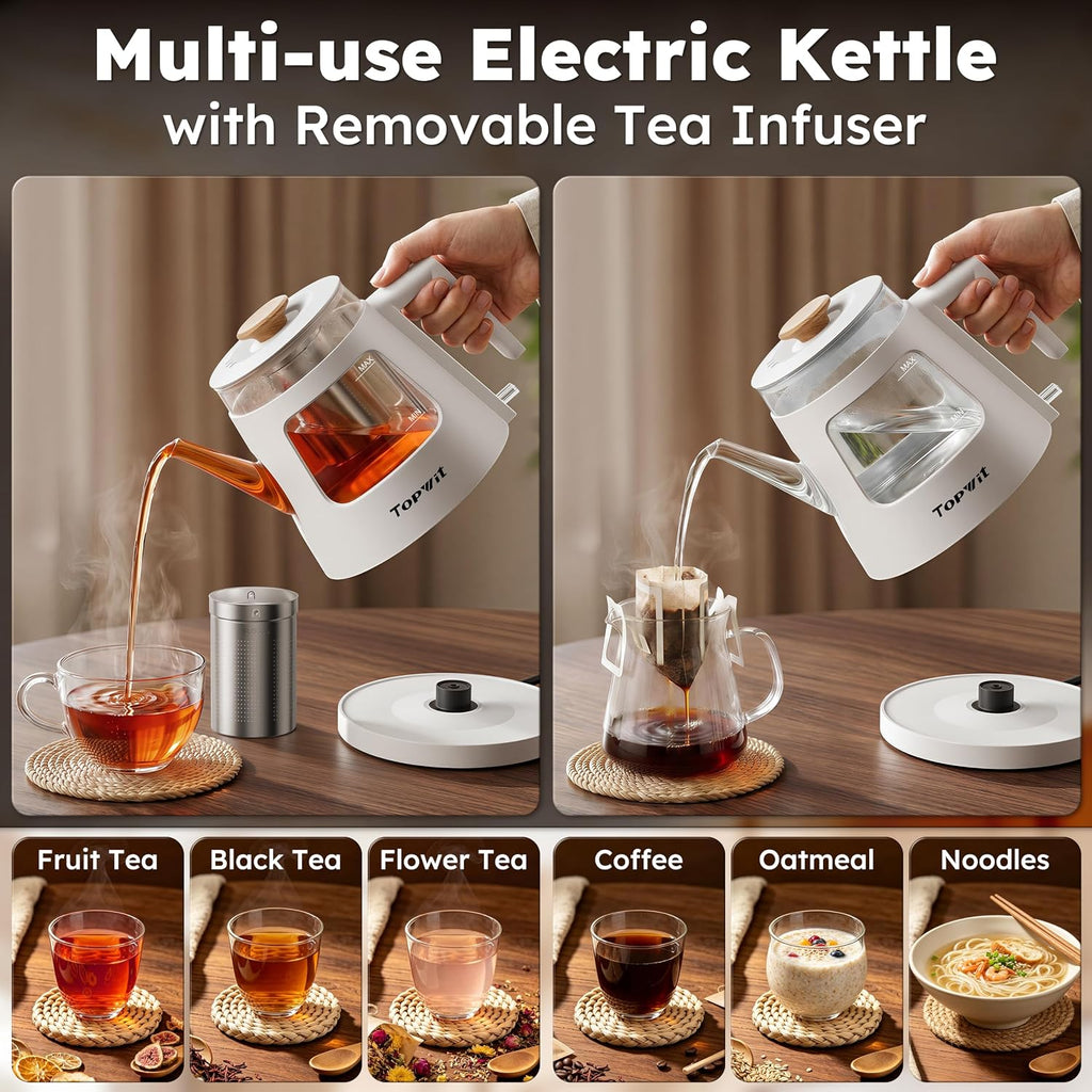 1L Gooseneck Electric Tea Kettle, Glass Electric Kettle, BPA-free | Removable Stainless Steel Tea Infuser, Visible