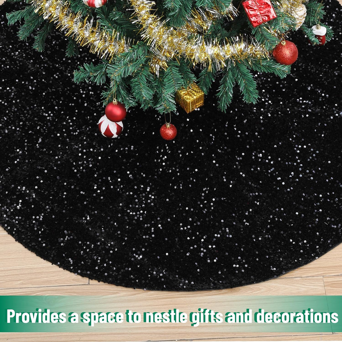 Sequin Christmas Tree Skirt and Tree Collar | 36 Inch Sparkly Base Cover, 24.8 Inch Foldable Sparkling Sequin Trees