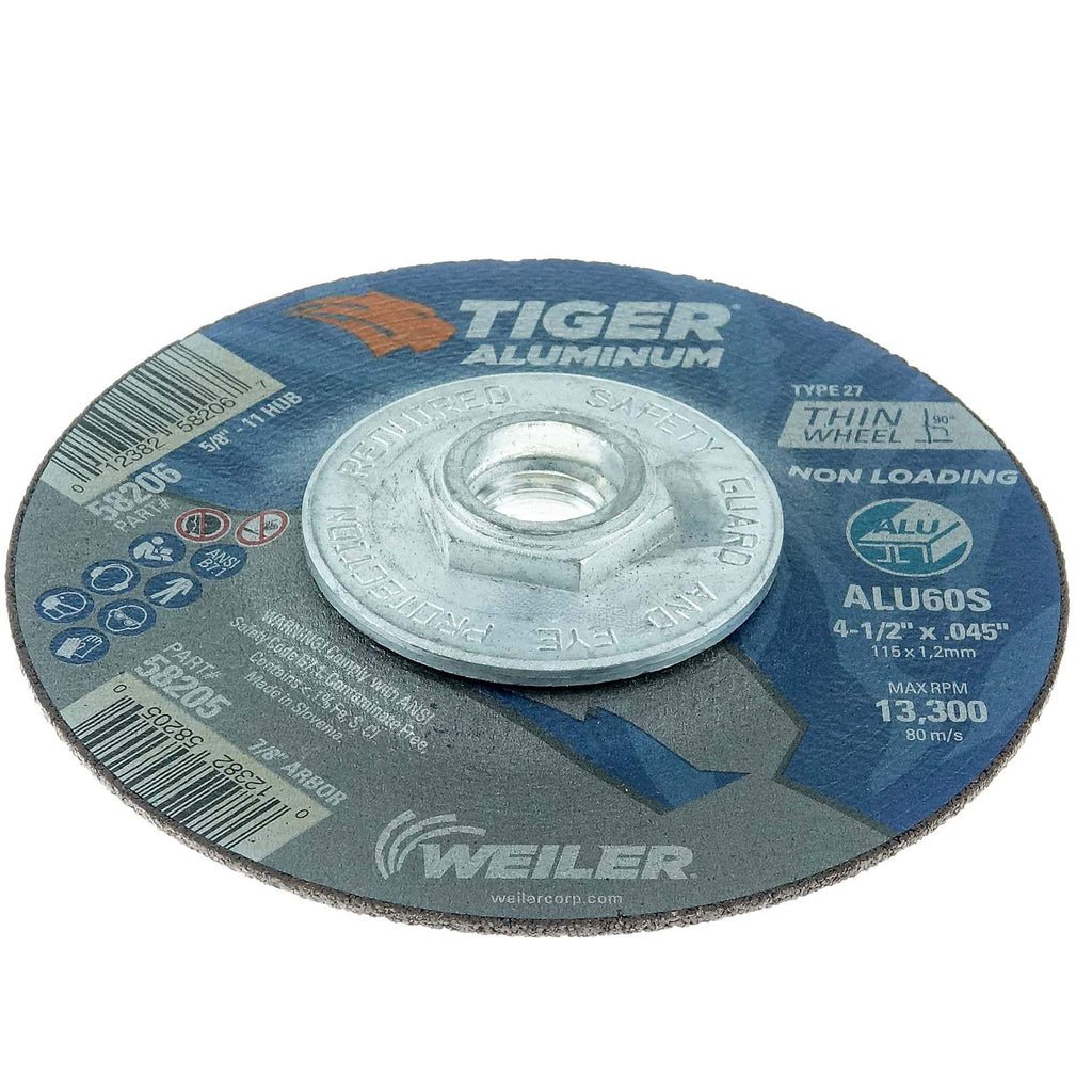 Weiler 58206 4-1/2 Inch Cutting Wheel, Tiger Aluminum Non-Loading Contaminant-Free High Performance Cutting, .045" ALU60S Type 27 5/8"-11 Hub, Pack of 10