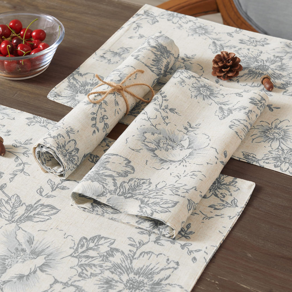 Alice Linen Floral Placemats Set of 4 Farmhouse 13x19 Inch Grey