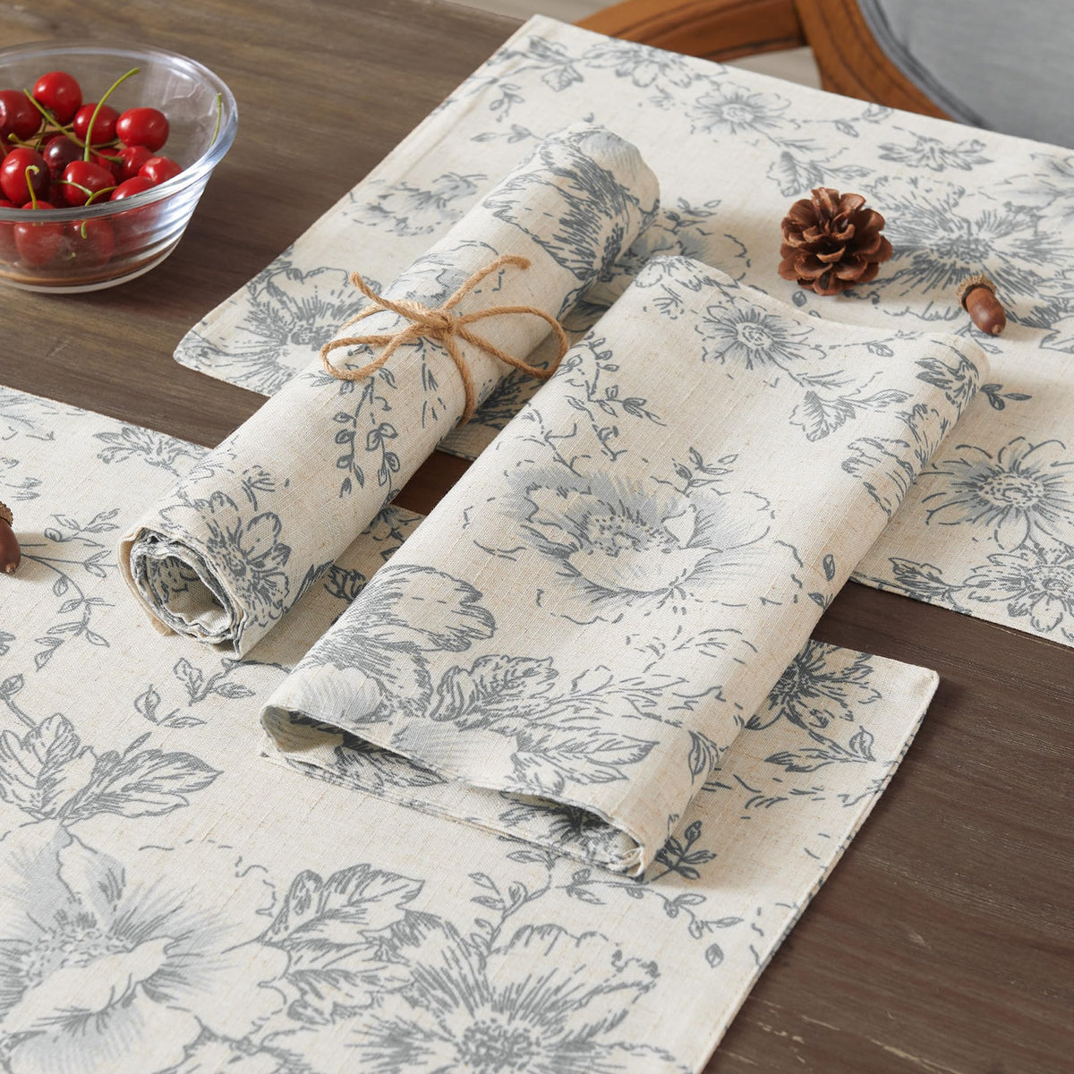 Alice Linen Floral Placemats Set of 4 Farmhouse 13x19 Inch Grey