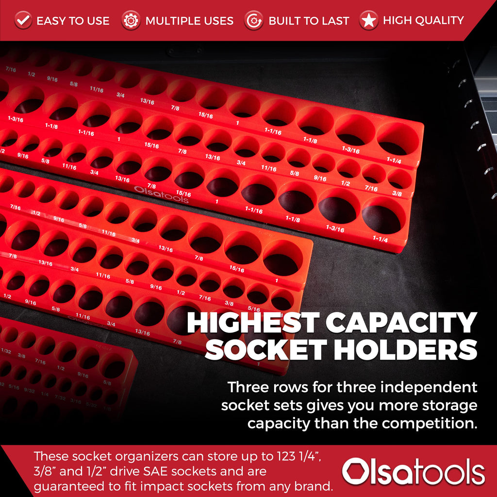 Olsa Tools Magnetic Socket Holder 3sets Drive Metric, 123 Sockets, Red