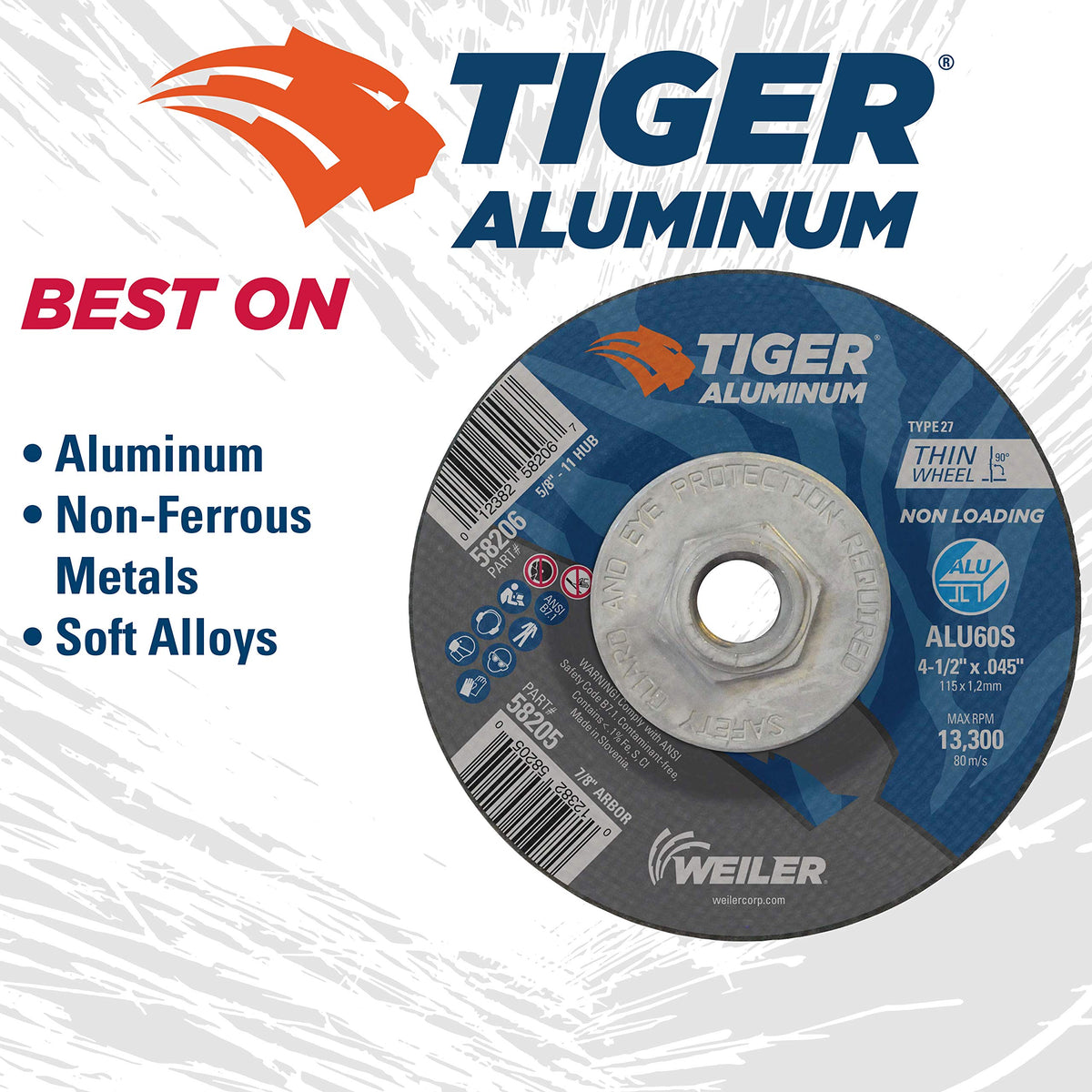 Weiler 58206 4-1/2 Inch Cutting Wheel, Tiger Aluminum Non-Loading Contaminant-Free High Performance Cutting, .045" ALU60S Type 27 5/8"-11 Hub, Pack of 10