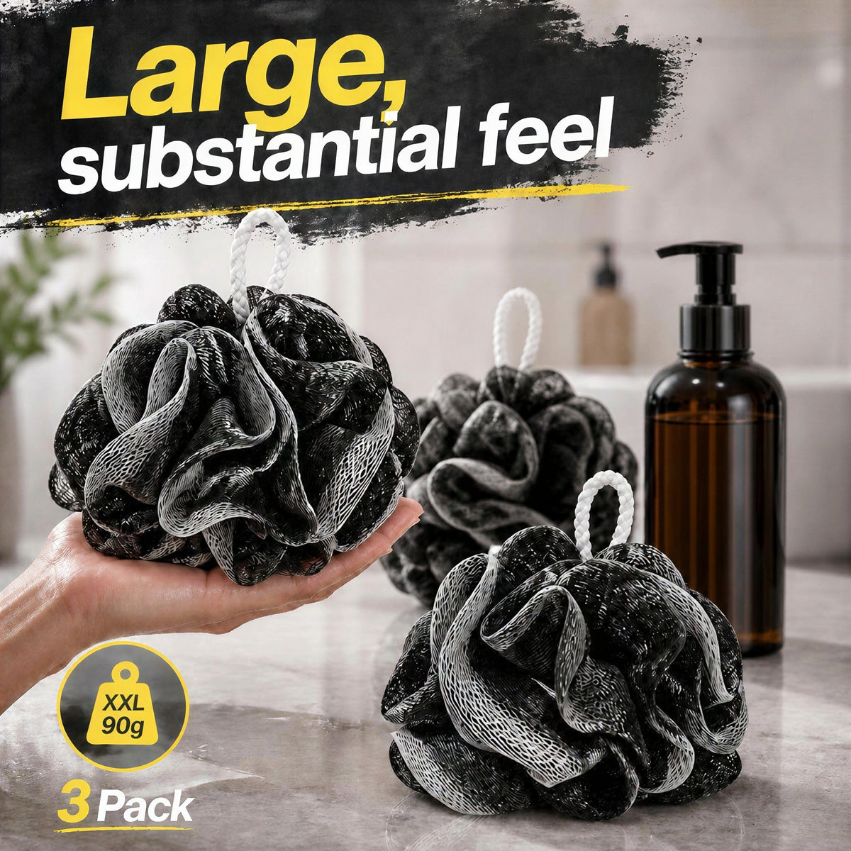 Exfoliating Loofah Body Scrubber for Shower: 3-Pack XXL 90g Loofah Sponge