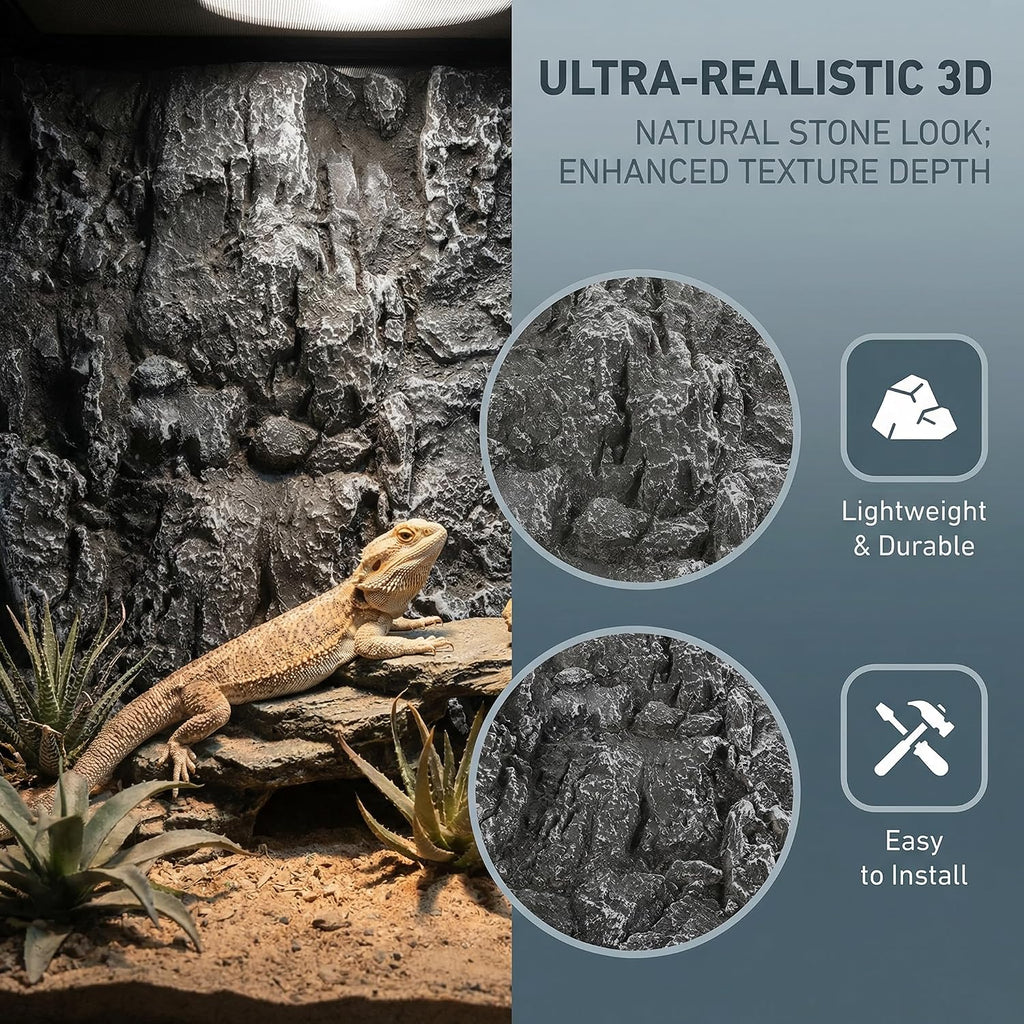 3D Rock Terrarium Background 17.7x11.8in PU Foam Dark Grey