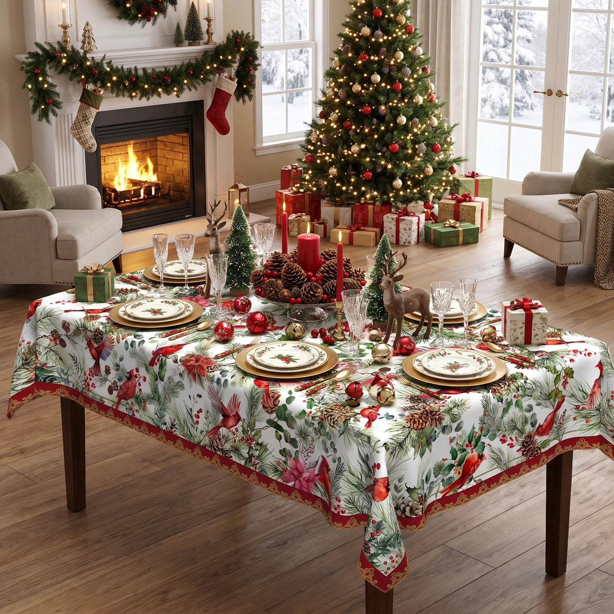 Christmas Tablecloth 60x84 Inch, Red Cardinal & Holly Berry Water Resistant Rectangular Table Cover, Rustic Winter