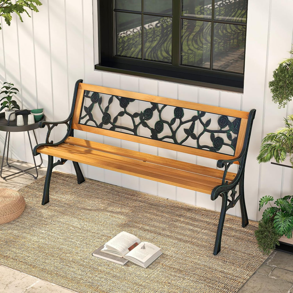 49.5" 3-Person Outdoor Bench with Floral Pattern Backrest | 470 Lbs Load, Garden Bench w/ Slatted Seat & Curved