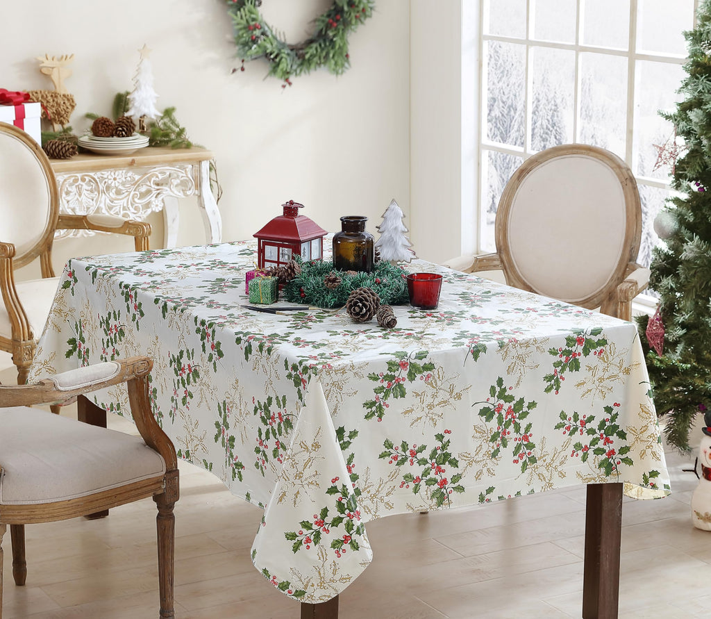 Christmas Ivory Golden Holly 60x84” Rectangle Vinyl Tablecloth