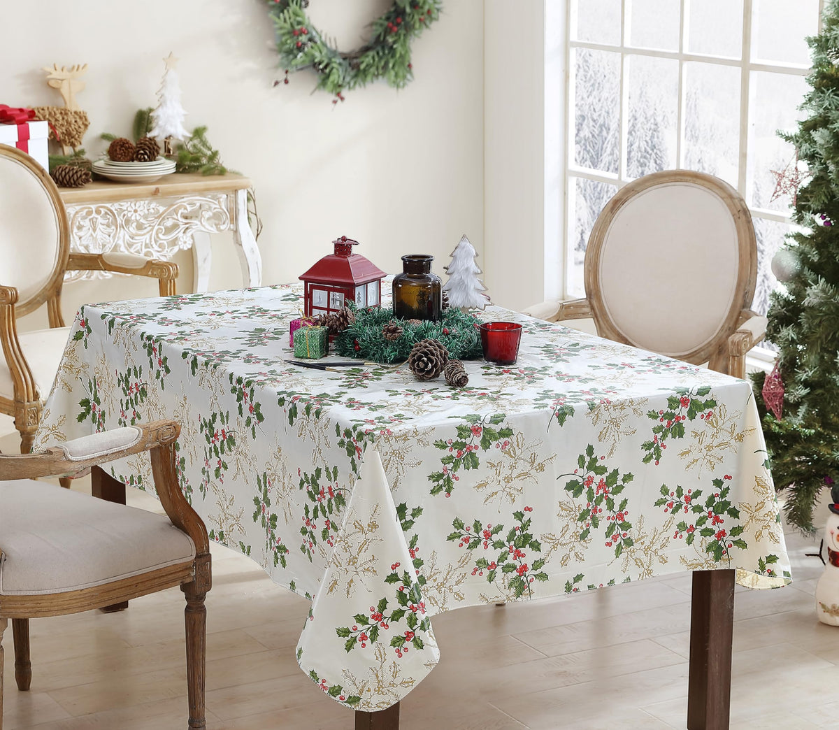 Christmas Ivory Golden Holly 60x84” Rectangle Vinyl Tablecloth