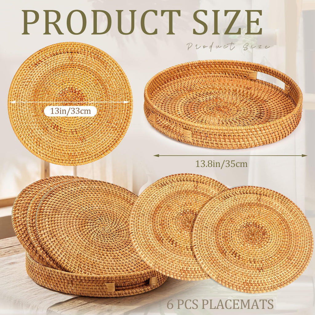 7 Pcs Rattan Placemats Set, 6 Pcs 13" Natural Hand Woven Rattan Placemats with 1 Pc 13.8” Wicker Round Serving Tray