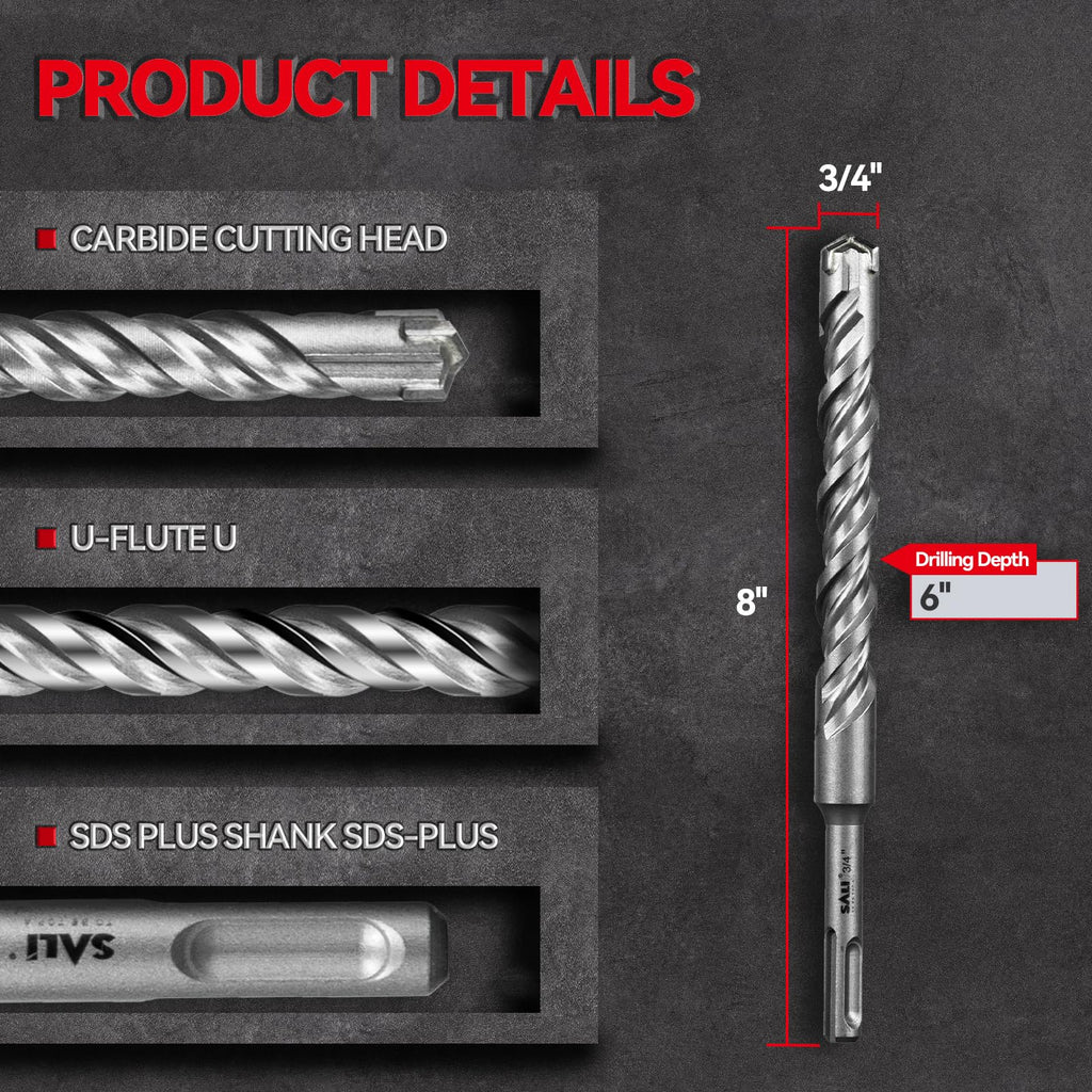 SALI 10PCS 3/4"*8" SDS Plus Rotary Hammer Drill Bit Kit - Cross-Type Double Thread Carbide Material for Concrete, Brick, Cement Walls, Stone