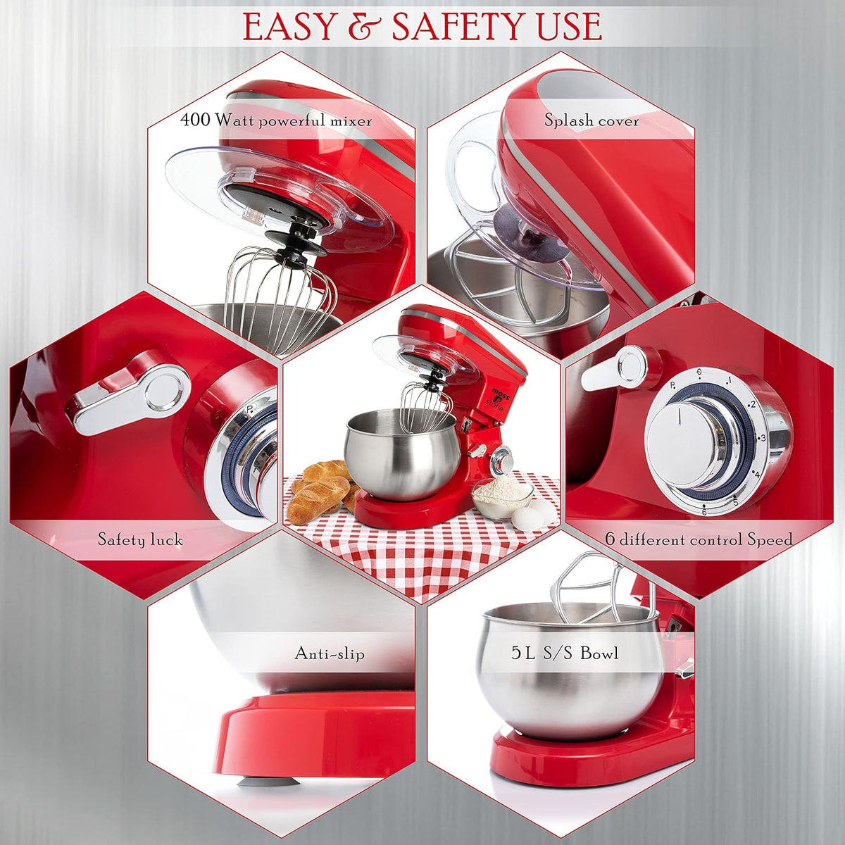 Stand Mixer, 6 Speed Electric Mixer With 5.5 Quart Stainless Steel Mixing Bowl, Red Body Kitchen Mixer With Dough