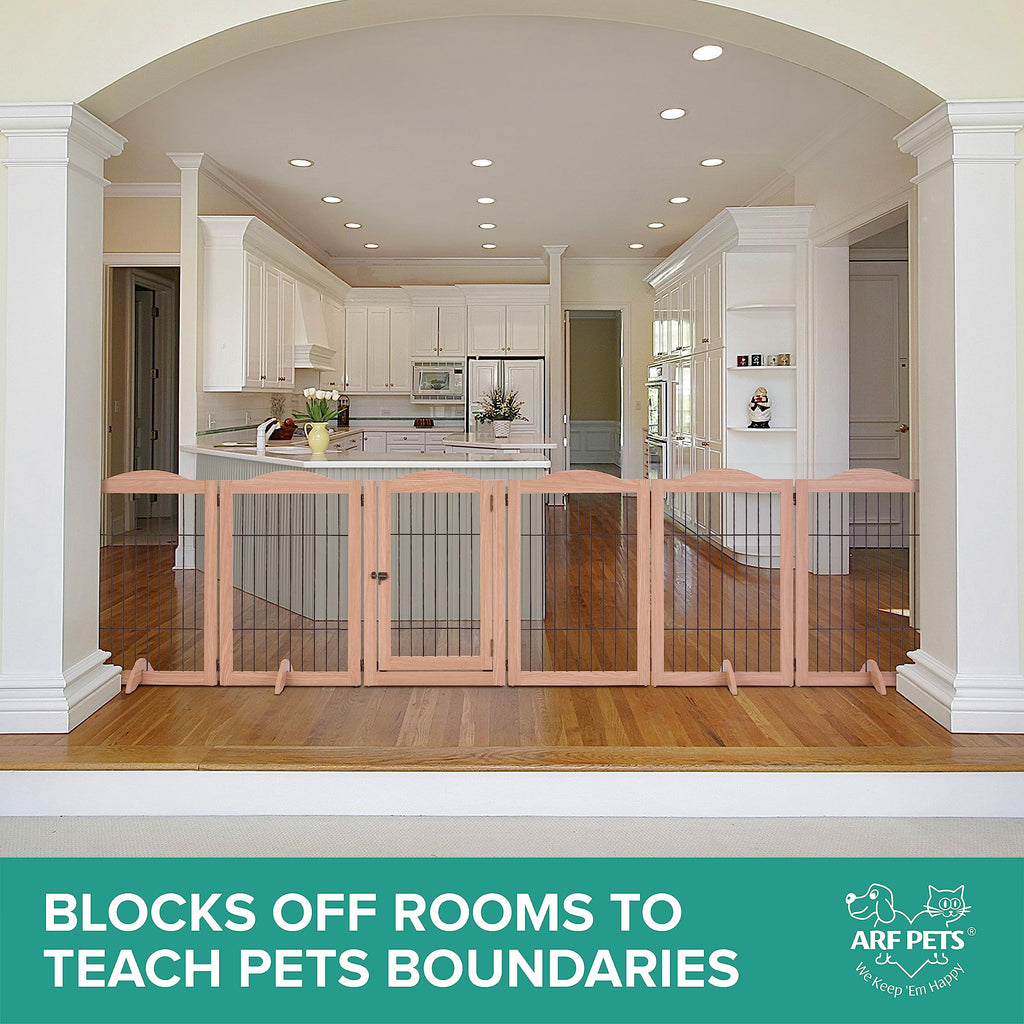 Freestanding Solid Wood 360° Configurable Pet & Dog Barrier Gate with Walk-Through Swing Door for Wide Indoor Openings, Hallways & Stairs